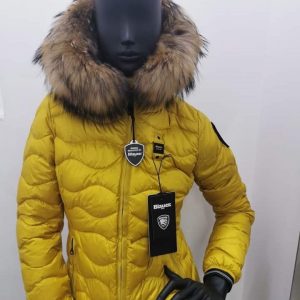 BLAUER-PIUMINO A ONDE CON CAPPUCCIO E PELLICCIA GIALLO DONNA