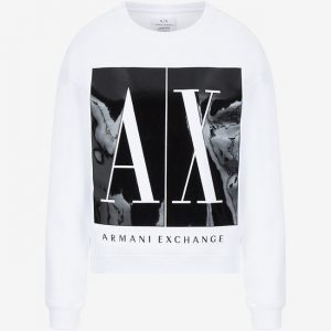 ARMANI EXCHANGE - Felpa Donna Tinta Unita con Stampa Sfondo a Contrasto Bianco