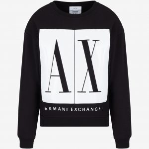 ARMANI EXCHANGE - Felpa Donna Tinta Unita con Stampa Sfondo a Contrasto Nera