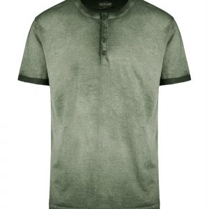 BOMBOOGIE-T-shirt in Cotone Tinta a Freddo con Abbottonatura a "Serafino" OLIVE NIGHT FADE