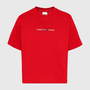TOMMY HILFIGER-T-SHIRT DONNA IN COTONE CON LOGO RICAMATO Rossa
