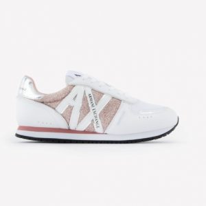 ARMANI EXCHANGE - Sneakers bianche Donna in mesh e microfibra con scritta logo e inserto laterale in glitter rosa