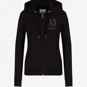 ARMANI EXCHANGE - Felpa Donna Cardigan con Cappuccio e Logo con Applicazioni Nero