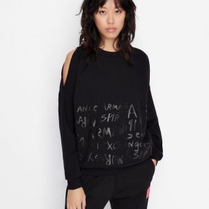 ARMANI EXCHANGE - Felpa Donna in Cotone Organico Tagli Décor sulle Spalle Nero