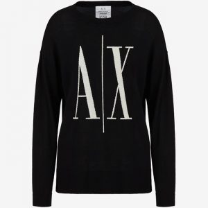 ARMANI EXCHANGE - Maglione Donna Girocollo in Lana Merino e Logo Jacquard a Contrasto