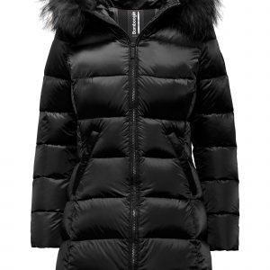 BOMBOOGIE - Piumino Lungo in Nylon Bright con Cappuccio in Pelliccia Nero