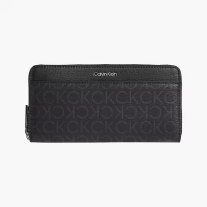 CALVIN KLEIN - Portafoglio Donna con Zip Integrale Riciclato Logo All-Over Nero