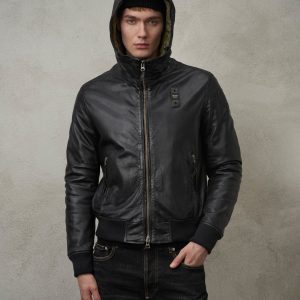 BLAUER - Bomber Uomo in Pelle con Cappuccio Henry Nero