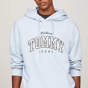 TOMMY HILFIGER - Felpa Uomo Varsity con Cappuccio e Logo Breezy Blue