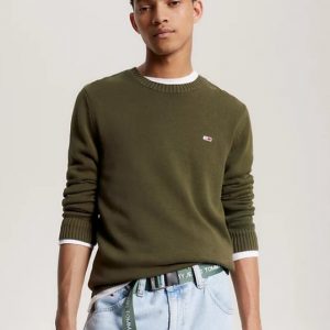 TOMMY HILFIGER - Pullover Uomo Essential con Bandierina Verde Oliva