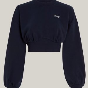 TOMMY HILFIGER - Felpa Donna Crop Relaxed Fit con Logo in Corsivo Dark Night Navy