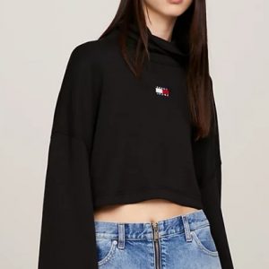 TOMMY HILFIGER - Felpa Donna Crop con Collo Dolcevita e Distintivo Nero