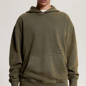 TOMMY HILFIGER - Felpa Uomo Essential Relaxed Fit con Distintivo Verde Oliva