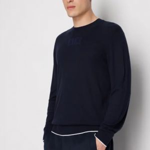 ARMANI EXCHANGE - Maglione Girocollo in Cotone Viscosa e Seta Blu Navy
