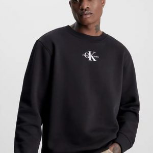 CALVIN KLEIN JEANS - Felpa in Pile di Misto Cotone e Logo Centrale Nero