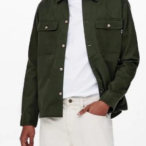 ONLY & SONS - Camicia Uomo Twill Overshirt Verde Scuro
