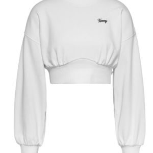 TOMMY HILFIGER - Felpa Donna Crop Relaxed Fit con Logo in Corsivo Bianco
