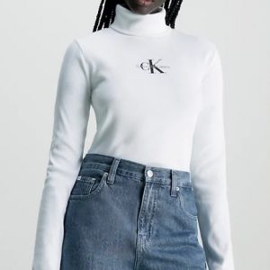 CALVIN KLEIN JEANS - Top Donna con Monogramma a Costine e con Collo Alto Bianco