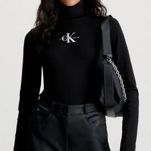CALVIN KLEIN JEANS - Top Donna con Monogramma a Costine e con Collo Alto Nero