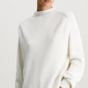 CALVIN KLEIN JEANS - Maglione Donna con Colletto e Logo in Cotone Avorio