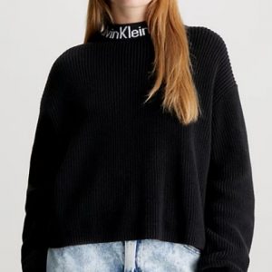 CALVIN KLEIN JEANS - Maglione Donna con Colletto e Logo in Cotone Nero