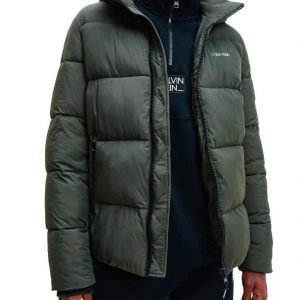CALVIN KLEIN - Piumino Uomo con Cappuccio in Nylon Arricciato Verde Oliva