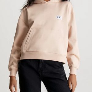 CALVIN KLEIN JEANS - Felpa Donna con Cappuccio in Spugna di Cotone con Stemma Beige