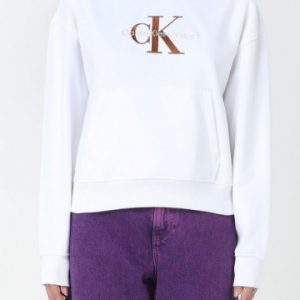 CALVIN KLEIN JEANS - Felpa Donna con Cappuccio in Pile Misto Cotone Bianco