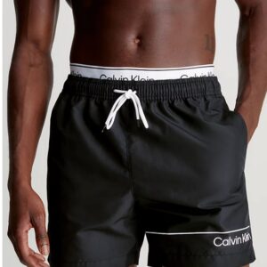CALVIN KLEIN - Pantaloncini Uomo da Bagno Corti con Fascia in Vita Doppia Nero
