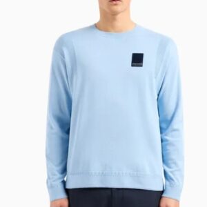 ARMANI EXCHANGE - Maglione Uomo Girocollo in Cotone Organico ASV con Patch Celeste