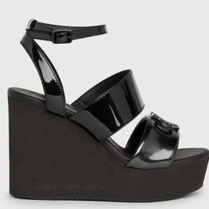 CALVIN KLEIN JEANS - Sandali Donna con Zeppa con Plateau in Pelle Verniciata Nero