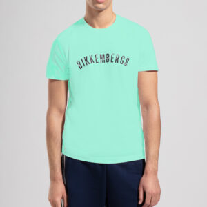 BIKKEMBERGS - T-Shirt Uomo Stampata Logo a Effetto Délavé Acquamarina