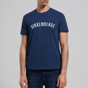 BIKKEMBERGS - T-Shirt Uomo Stampata Logo a Effetto Délavé Blu