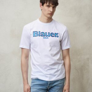 BLAUER - T-Shirt Uomo Logo Sfumato Bianco
