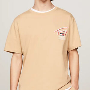 TOMMY HILFIGHER - T-Shirt Uomo Signature con Logo sul Retro Sabbia