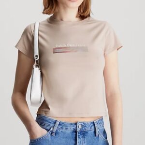 CALVIN KLEIN JEANS - T-Shirt Donna Corta con Logo Vestibilità Slim Rosa Seppia