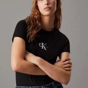 CALVIN KLEIN JEANS - T-Shirt Donna con Monogramma Slim Logo Ricamato Nero
