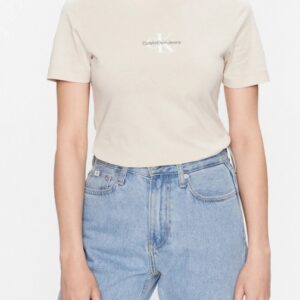 CALVIN KLEIN JEANS - T-Shirt Donna con Monogramma Regular Logo Ricamato Beige