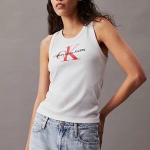 CALVIN KLEIN JEANS - Canotta Donna Monogram in Cotone a Costine Bianco