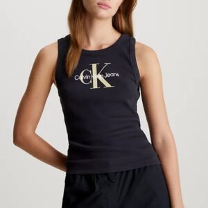 CALVIN KLEIN JEANS - Canotta Donna Monogram in Cotone a Costine Nero