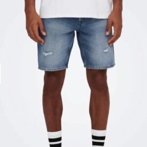 ONLY&SONS - Pantaloncino Uomo di Jeans Onsedge Destroy Medium Blue Denim